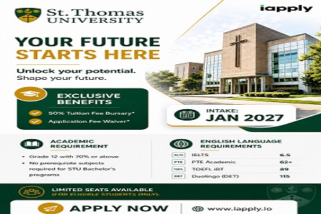 Study at St. Thomas University � 50% Tuition Fee Bursary & Application Fee Waiver | Jan 2027 Intake