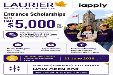 Wilfrid Laurier University - Winter (January) 2027 Intake Now Open - Entrance Scholarships - Application Fee Waiver
